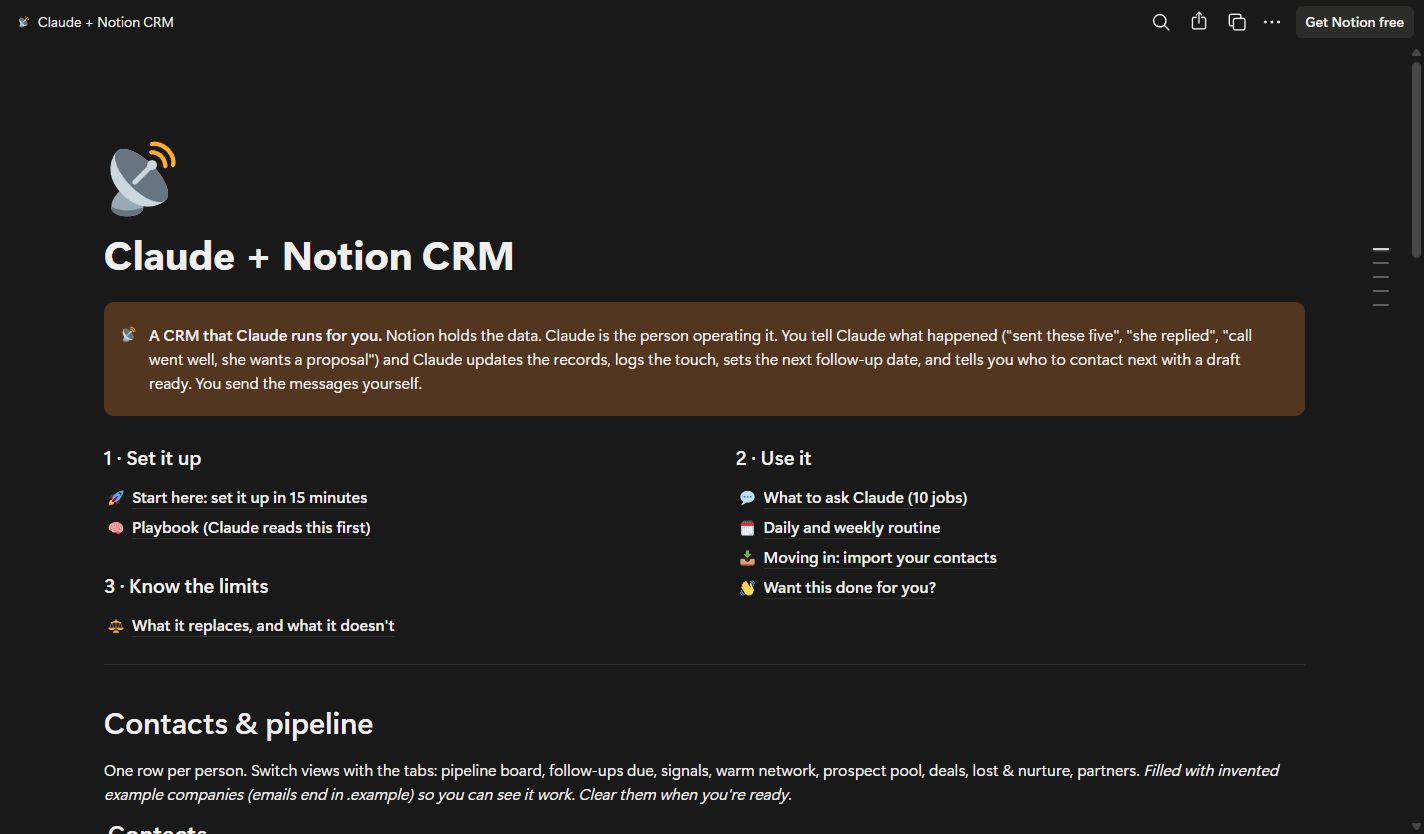Actual Claude + Notion CRM template showing its setup guide, playbook and Contacts section in Notion.